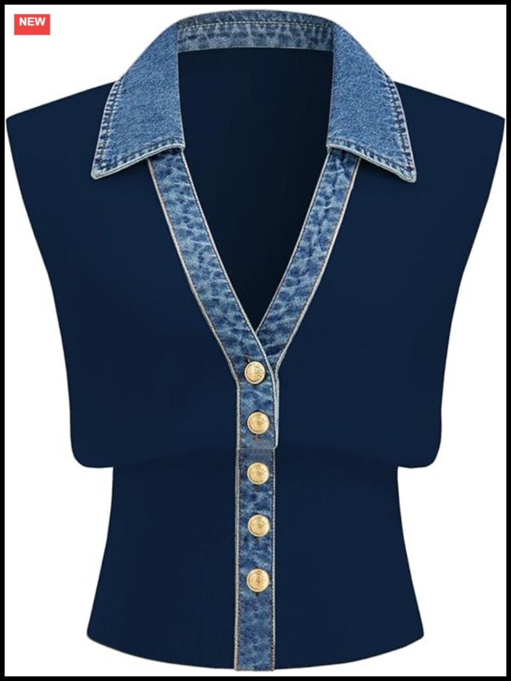 Women's Denim Trim Sweater Vest V-Neck Crop Tank Top Knit Pullover